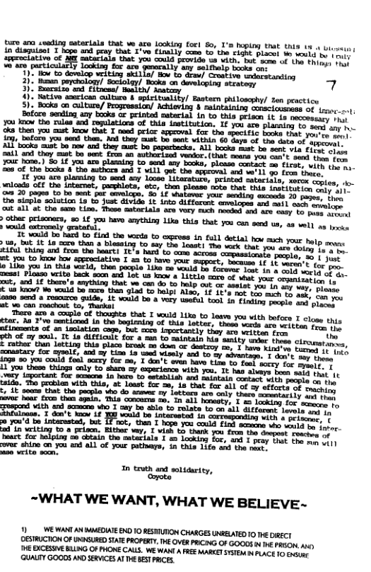 -  sent any oo o o) awpoval. via firat cam coptes, do-  can’t send then feom 20 tirat,  ‘approval and ve’ 11 9o fron  = € troc, wary that  s vith the n,  i {1  ‘planning to bocks that. the data of sent:  , printed catectals, xerox  Eaatem ptloscphy/ zen practicy taining corecicusness o in to this peison Lt 1s necces apect i e ot b o v it  288 munx  ] m mm.,m; HH 3383788 33  your hal,  dettal how ach vork that you. ‘across compassionate  supgect, bacauso 4  P e  Tsa -  oty  o, 55 1 Juat  i 16 varen’t gor in a cold worlg  your oranizat|  o of 4 ion L  hat  ¥  o forever loat  this e  oa the’ ing  y and thoy  < can you closs Vrittan from the  y they are written £  ‘aintain his sani  7, plesse  ask, a0 placey.  * 1xe to lave you with before T trcnstans, it & By theo 16, 1 that (¢  o’ been sala  Looking for  T  socry Tt ofte  ty under thees c:  ] i umﬂm.mumw,h  803  vy,  halp Also, usefu ) lotter, theen words ara  In truth and solsdar ‘Copoto  ~WHAT WE WANT, WHAT WE BELIEVE-~  CHARGES UNRELATED 10 THe DIRECT  WE WANT AN IMMEDIATE END 10 RESTTUTION OESTRUCTION OF UNINSURED STATE PROPERTY, TE-  " 